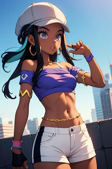 (masterpiece, best quality), 1girl,   <lora:pokemon_nessa_v2:0.8> nessadef, dark skin, makeup, single hair bun, crop top, single...