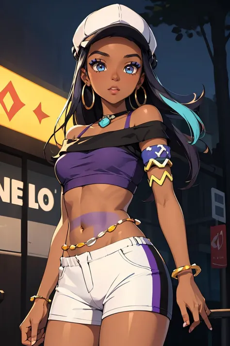 (masterpiece, best quality), 1girl,   <lora:pokemon_nessa_v2:0.8> nessadef, dark skin, makeup, single hair bun, crop top, single glove, spandex shorts, hoop earrings, belly chain, armlet, wristband, nessacasual, dark skin, makeup, cabbie hat, purple shirt, off shoulder, white pants, hoop earrings,