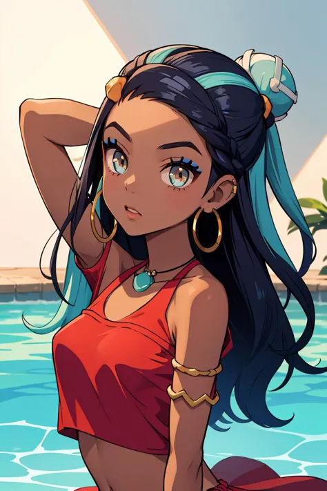 a cartoon girl in a red bikini top and gold hoop earrings