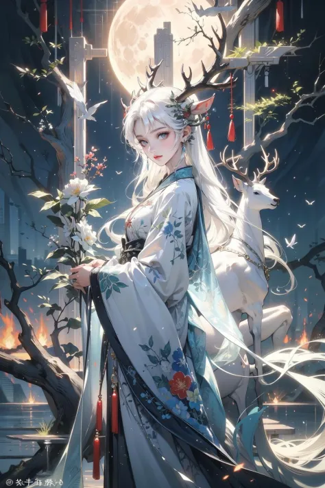 1girl,chinese clothing,flower,masterpiece,best quality,ultra-detailed,deer,white hair,white clothes,water,moon,<lora:aki-000005:0.6>,deer,