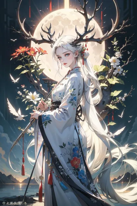 1girl,chinese clothing,flower,masterpiece,best quality,ultra-detailed,deer,white hair,white clothes,water,moon,deer,