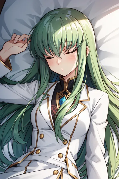 anime girl with long green hair laying in bed with white sheets