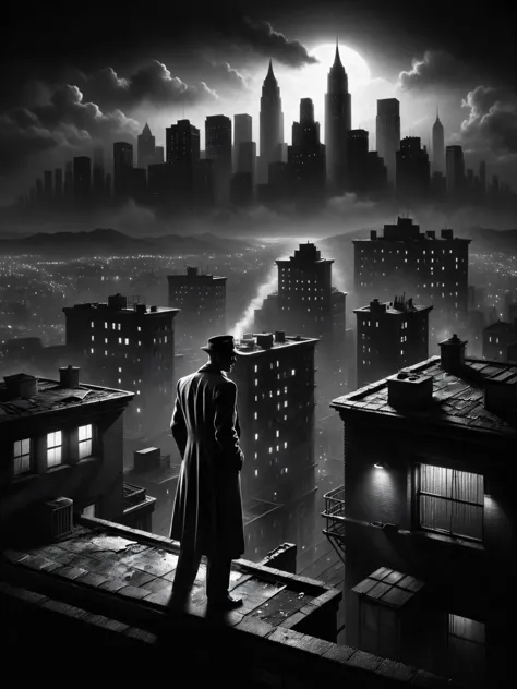 A shadowy figure standing at the edge of a rooftop, overlooking a crime-ridden cityscape, tension in the air, 1950s noir <lora:S...