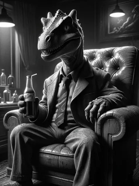 mad-sincity, 1940s, noir, cartoon Cute dinosaur looking at viewer, reclining on a chair,holding a bottle of juce, side view, ill...