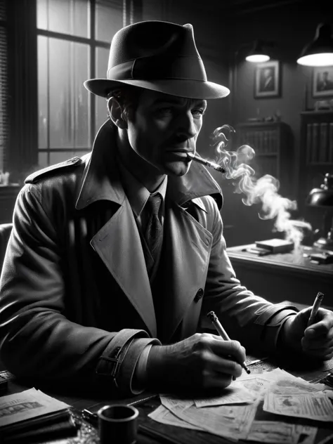 A grizzled detective in a fedora and trench coat, smoking a cigarette, old-fashioned office, clues scattered on the desk, classi...