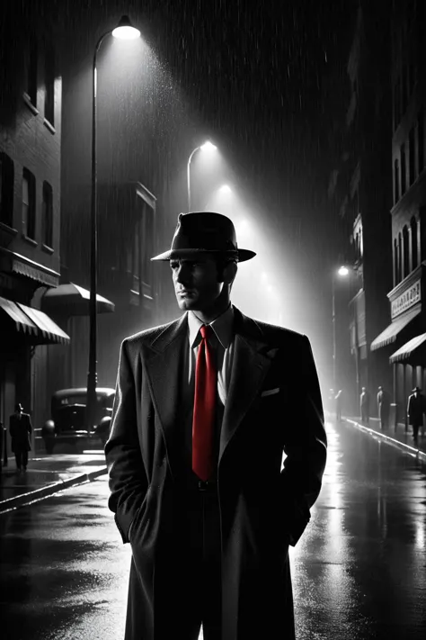 film noir style, mash-up of Sin City and The Spirit
man wearing a suit standing beneath street light in an empty street, light c...