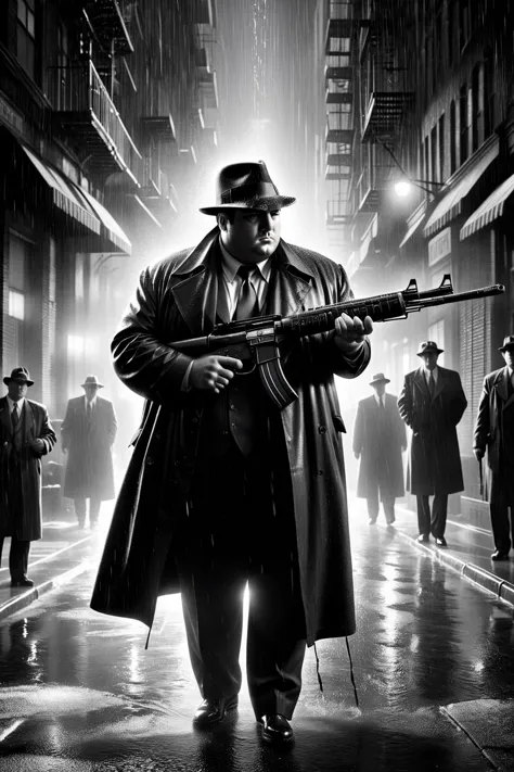 film noir style, mash-up of Sin City and The Spirit, 
overweight male Italian mafia gangster holding Assault Rifle, heavy rain, ...