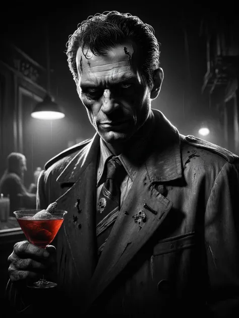 mad-sincity, 1940s, noir,  a cartoon-styled zombie man with a miserable expression. He is holding a  cocktail from blood and bra...