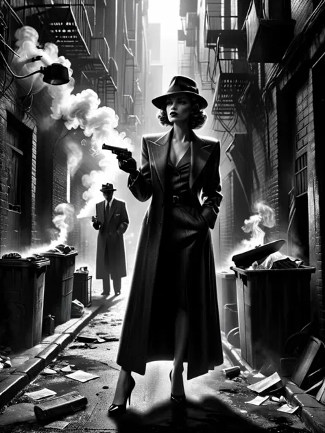 woman, tommy_gun, dirty alley, garbage, crowded, smoke,  1940, detective noir <lora:Sin_City_Movie_Style_SDXL:1> mad-sincity, (m...
