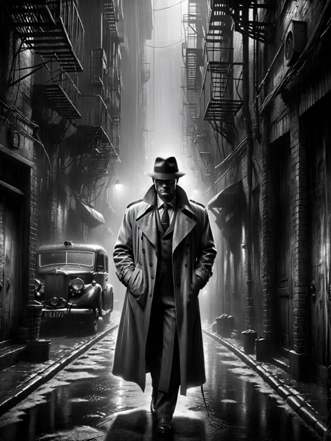 man in trenchcoat and fedor in dirty alley, rain, fog, 1940, detective noir <lora:Sin_City_Movie_Style_SDXL:1> mad-sincity, (mas...