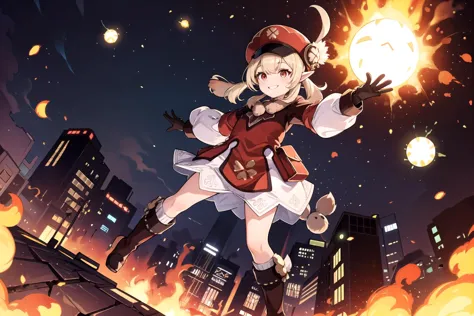 anime girl with a fireball in her hand in the city