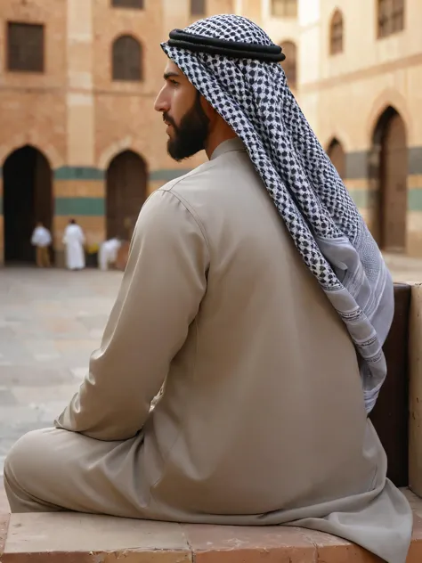 arafed man sitting on a bench in a courtyard with a building in the background