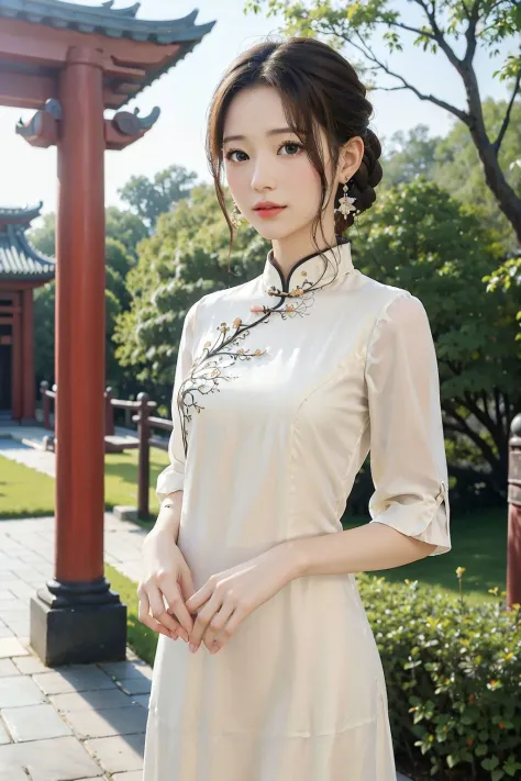 white dress, chinese clothes, aerith gainsborough,  upper body,earrings,outside, chinese temple, (8k, RAW photo, best quality, masterpiece:1.2), (realistic, photo-realistic:1.4),  high quality, adobe lightroom,high detailed skin,looking at viewer,, (masterpiece, best quality, high quality, highres, ultra-detailed),