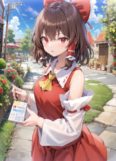 anime girl in a red dress holding a magazine and a cell phone