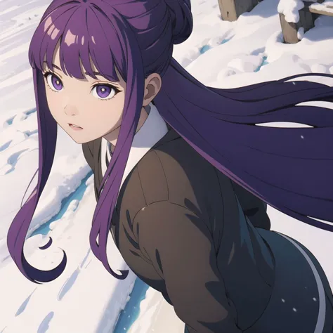 Magic girl looking to the sky, snow, from above, spot color, yellow eyes, long hair, purple eyes, blunt bangs, sidelocks, half updo, bright pupils, <lora:O&1Ve:0.8>