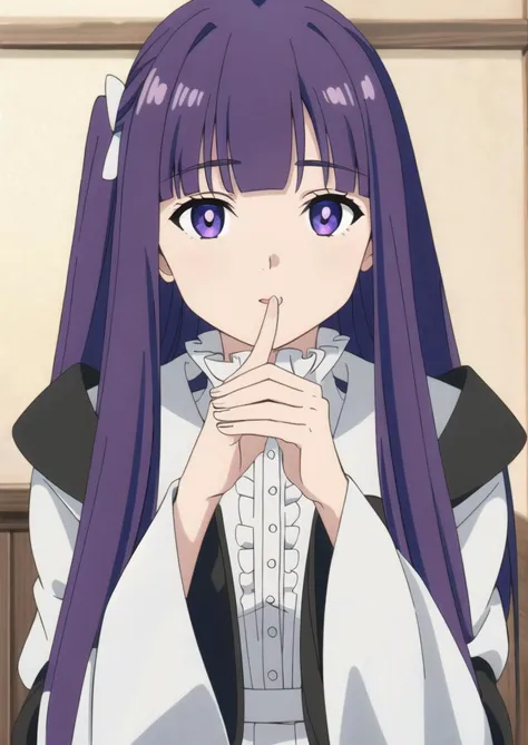 <lora:è²ä¼¦1Ve:0.8>,1girl,solo,purple hair,long hair,purple eyes,blunt bangs,sidelocks,half updo,bright pupils,hair ornament,frilled collar,black robe,white dress,center frills,buttons,wide sleeves,long sleeves,curvy,cowboy shot,Exquisite visuals,high-definition,masterpiece,best quality,20yo,Young female,Beautiful Finger,Beautiful long legs,Beautiful body,Beautiful Nose,Beautiful character design,perfect eyes,perfect face,expressive eyes,looking at viewer,official art,extremely detailed CG unity 8k wallpaper,perfect lighting,Colorful,Bright_Front_face_Lighting,shiny skin,(masterpiece:1),(best_quality:1),ultra high res,4K,ultra-detailed,photography,8K,HDR,highres,absurdres:1.2,Kodak portra 400,film grain,blurry background,bokeh:1.2,lens flare,(vibrant_color:1.2),(beautiful_face:1.5),(narrow_waist),NSFW,