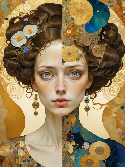 Pantalla dividida, [misterioso:Feliz:0.5] mujer, by Gustav Klimt, acuarela impresionista artística de Geoffroy Thoorens y James Christensen, Intrincado, iluminación cinematográfica, muy detallado, Liso, enfoque nítido, Estilo equilibrado perfecto, amazing depth, colores complementarios  