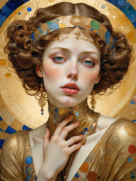 Mujer besando labios de Gustav Klimt, acuarela impresionista artística de Geoffroy Thoorens y James Christensen, Intrincado, iluminación cinematográfica, muy detallado, Liso, enfoque nítido, Estilo equilibrado perfecto, amazing depth, colores complementarios  