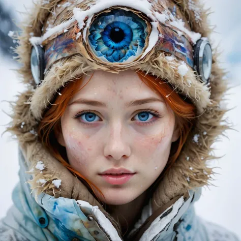 arafed woman with goggles and a furry hat in the snow