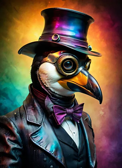 award winning studio (style of Andrew Ferez) photo of the (penguin:1.1) wearing (plague doctor mask:1.3), made of <lora:CarbonFI...