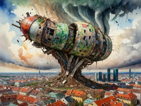 powerful tornado made out of crap and rubbish overhelming Vienna city skyline, watercolor art by Marc Simonetti and Anton Fadev, photorealism, beautiful art, uncanny feeling, waste and scrap, post apocalyptic feeling,  maximalism, hyperdetailed, impressive masterwork by head of prompt engineering <lora:hyperkraximalism:0.64>