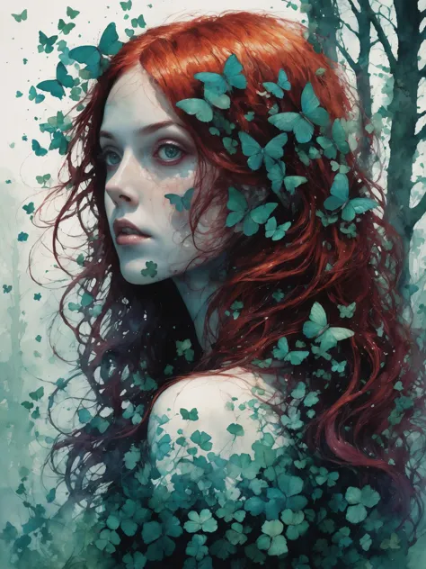 mysterious silhouette celtic forest woman with red hair, four-leaf clover, irish style, by Minjae Lee, Carne Griffiths, Emily Kell, Geoffroy Thoorens, Aaron Horkey, Jordan Grimmer, Greg Rutkowski, amazing depth, masterwork, intricately detailed, bokeh,  perfect balanced, deep fine borders, artistic photorealism , smooth, strong colors, great masterwork by head of prompt engineering  <lora:add-detail-xl:2>  <lora:hyperkraximalism:0.3>