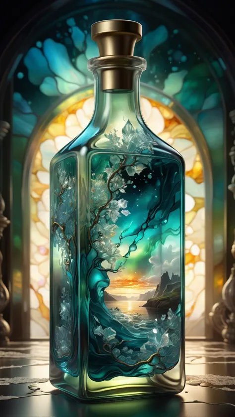 Close up of a stunning crystal clear stained glass bottle with northern light fjord inside, intricate and hyperdetailed photorea...