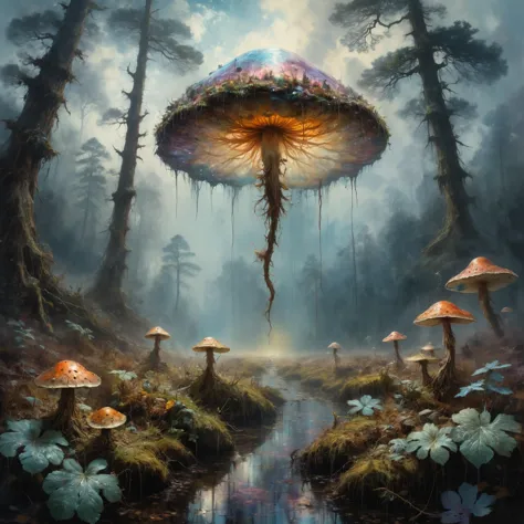 [jellyfish: mushroom: 0.1] floating over misty forest ground , photorealism, amazing depth, beautiful art, maximalism, fantasy c...