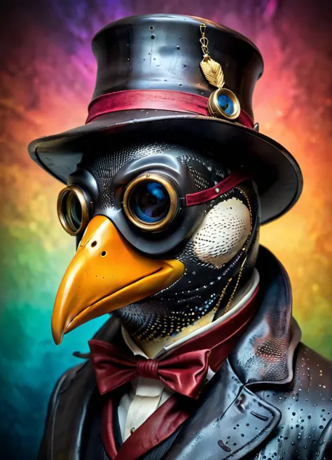 preisgekröntes Studio (Stil von Andrew Ferez) Foto des (Pinguin:1.1) Tragen (Pest Arzt Maske:1.3), aus Carbonfaser, zurückhaltend, Hoher Kontrast, zbrush  hp_Lovecraft_style hyperkraximalism (Bunter Hintergrund:1.2), Untergrundstreuung, Photorealistisch, Hyperrealistisch, analoger Stil, realistisch, Filmfotografie, sanfte Beleuchtung, Starker Schatten