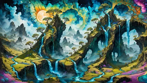 surreal biomorphic landscape art made by complex AI art prompt machine, crazy and beautiful, hyperdetailed, colorful, bioluminescent waterfall, strange style, meadow elements, whimsical biomechanical kingdom shire, digital art and alcohol ink painting mixed into one wonderful uncanny masterwork <lora:hyperkraximalism:0.7>