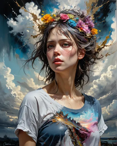 mysterious woman, camiseta rota, photorealism, amazing depth, hermoso arte, maximalismo, Arte conceptual de fantasía, pintura al óleo impresionista de Claude Monet, Carne Griffiths, Geoffroy Thoorens, James Christensen, Molinos Russ, Intrincado, iluminación cinematográfica, muy detallado, Liso, enfoque nítido, Estilo equilibrado perfecto, amazing depth, colores complementarios, nubes caprichosas, hiperdetallado, luz oscura, obra maestra impresionante del jefe de ingeniería de indicaciones  