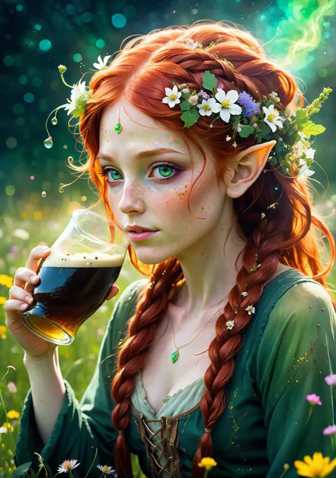 lovely pixie elve portrait drinking guiness beer, long braided red hair, in the middle of a flowering meadow, magical plants in ...