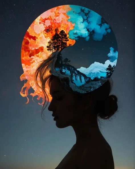 a woman with a tree on her head and a full moon in the background