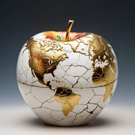 Augarten porcelain, golden world map on huge porcelain apple with deep fine cracks, kintsugi, colorful, cracked surface, expansi...