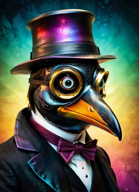 preisgekröntes Studio (Stil von Andrew Ferez) Foto des (Pinguin:1.1) Tragen (Pest Arzt Maske:1.3), aus Carbonfaser, zurückhaltend, Hoher Kontrast, zbrush  hp_Lovecraft_style hyperkraximalism (Bunter Hintergrund:1.2), Untergrundstreuung, Photorealistisch, Hyperrealistisch, analoger Stil, realistisch, Filmfotografie, sanfte Beleuchtung, Starker Schatten