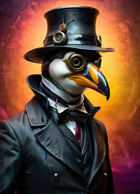 award winning studio (style of Andrew Ferez) photo of the (penguin:1.1) wearing (plague doctor mask:1.3), made of <lora:CarbonFI...
