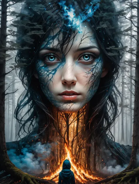 a woman with blue eyes and a face painted in the woods