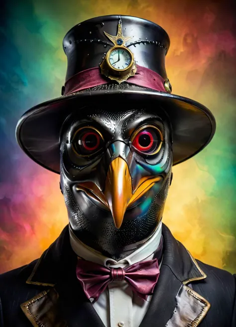 preisgekröntes Studio (Stil von Andrew Ferez) Foto des (Pinguin:1.1) Tragen (Pest Arzt Maske:1.3), aus Carbonfaser, zurückhaltend, Hoher Kontrast, zbrush  hp_Lovecraft_style hyperkraximalism (Bunter Hintergrund:1.2), Untergrundstreuung, Photorealistisch, Hyperrealistisch, analoger Stil, realistisch, Filmfotografie, sanfte Beleuchtung, Starker Schatten