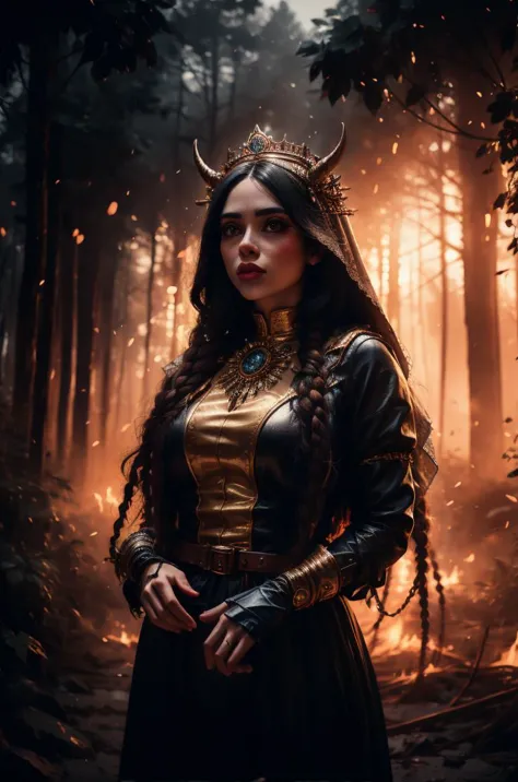 a woman in a black dress and horns stands in the woods