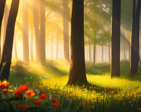 sunlight shining through the trees in a forest with flowers