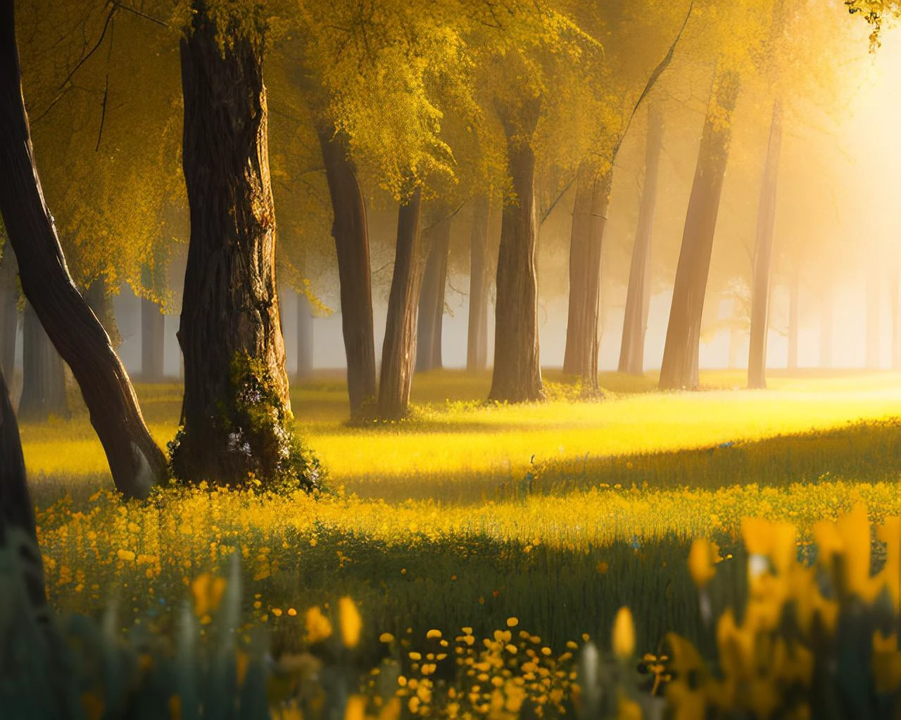 A peaceful idyllic meadow. It is spring, the many trees are full of green leaves, and there are bushes, grass, wildflowers, many butterflies.
High Contrast, High Saturation, Highly detailed, high quality, masterpiece, ethereal, particle effect, (dust, gust of wind:1.07), volumetric light, light rays, gold filigree, vibrant colors, bokeh, depth of field.
