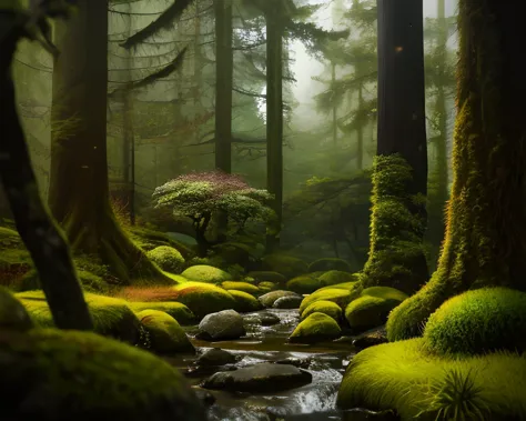 View in a Japanese moss garden. Uneven mossy ground, large mossy trees, mossy rocks, a small stream crossing the scene. Light mist.
High Contrast, High Saturation, Highly detailed, high quality, masterpiece, ethereal, particle effect, (dust, gust of wind:1.07), volumetric light, light rays, golden filigree, vibrant colors, bokeh, depth of field.
<lora:landscapes-6-2023-04-27-120356-6faaedf2:0.5>
<lora:lightV1:0.5>