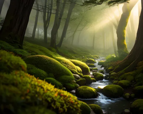 arafed image of a stream running through a forest with moss