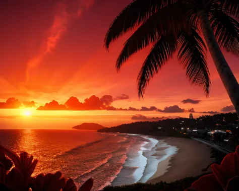 arafed view of a beach with palm trees and a sunset