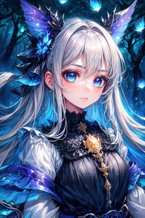 1girl, ethereal dress, standing in a mystical forest, looking at the viewer, fireflies illuminating the night, ((best quality, m...
