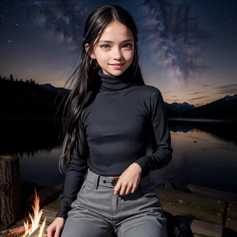 arafed woman sitting on a log next to a campfire