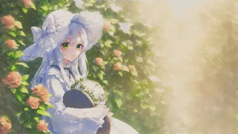 1girl, long hair, ((garden)), detailed eyes, ((sleeves past wrists)), white, (lace dress), white hair, (((in the style of matcha...