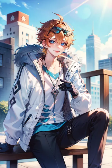 anime boy sitting on a bench with a city in the background