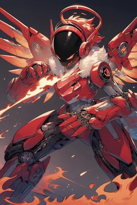 source_anime, score_9, score_8_up,  <lora:wrenchsmechsxl:1> wrenchsmechs, red mecha, mechanical arms, mechanical legs, mechanical eyes, mechanical halo, mechanical wings, protogen visor, fists, fighting stance, burning, flames in background, dutch angle, dark background