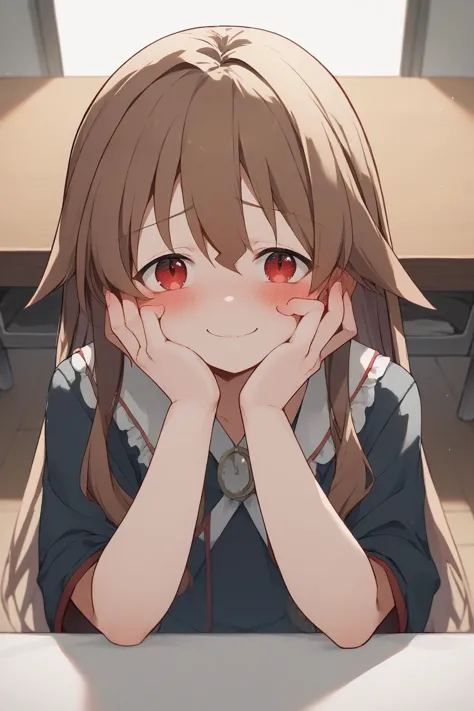 source_anime, score_9, score_8_up, 1girl,  <lora:rebornasavm_hulemy_ponyXL:1> hulemy, brown hair, red eyes, POV, table, looking at the viewer, hands on cheeks, heavy blush, shy smile